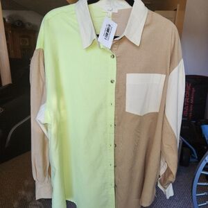 Easel Women's Lime/Khaki/Cream Cordoroy Shirt/Shacket NWT Size Large (XL)